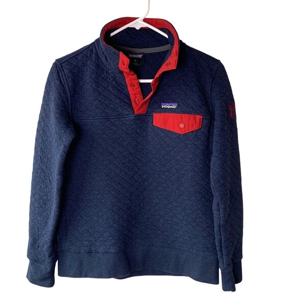 Patagonia Women's XS Cotton Quilt Snap-T Pullover Navy & Red Maker's Mark Logo - Picture 1 of 10